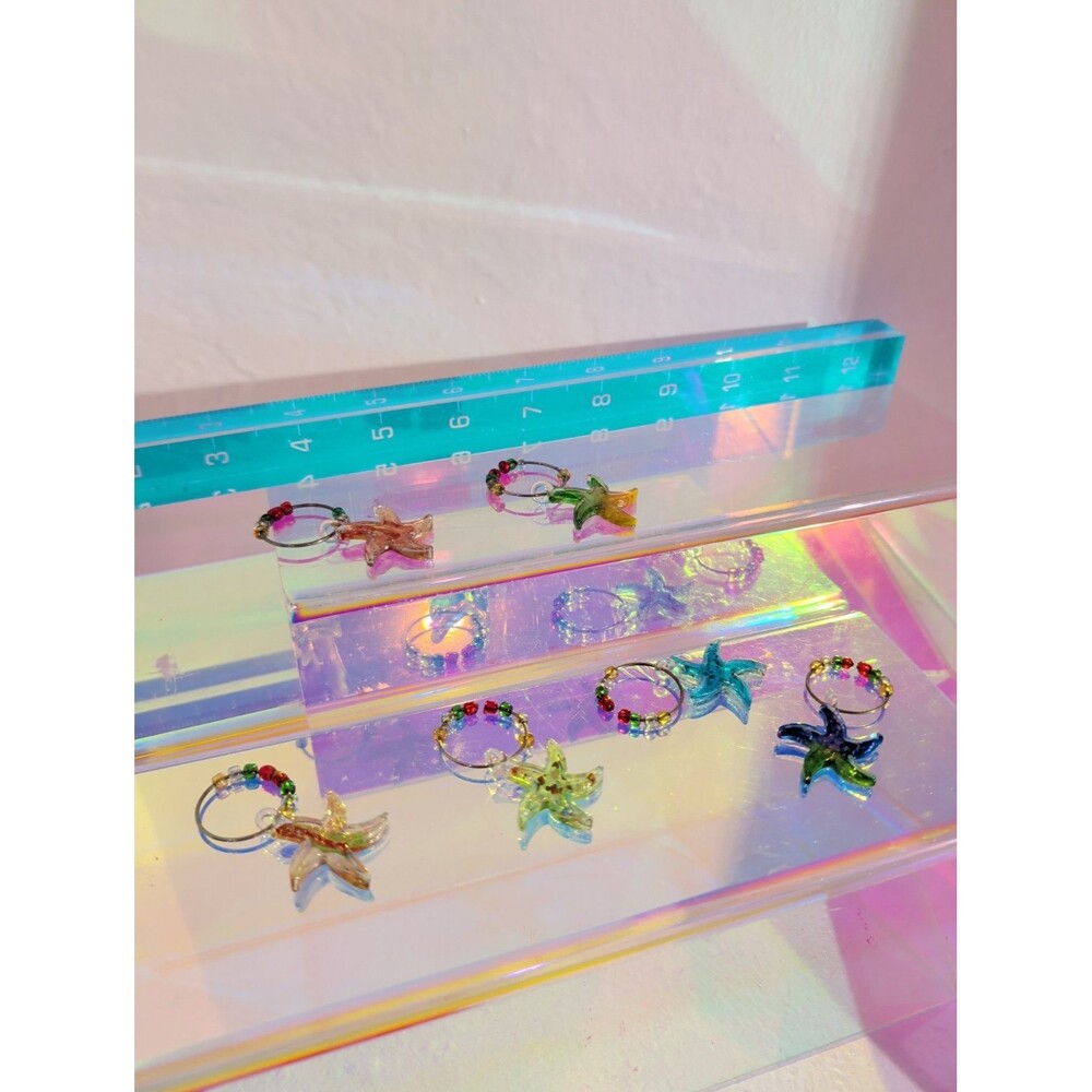 Vintage Glass Starfish Wine Glass Charms Set of 6 Multicolor Coastal Beaded